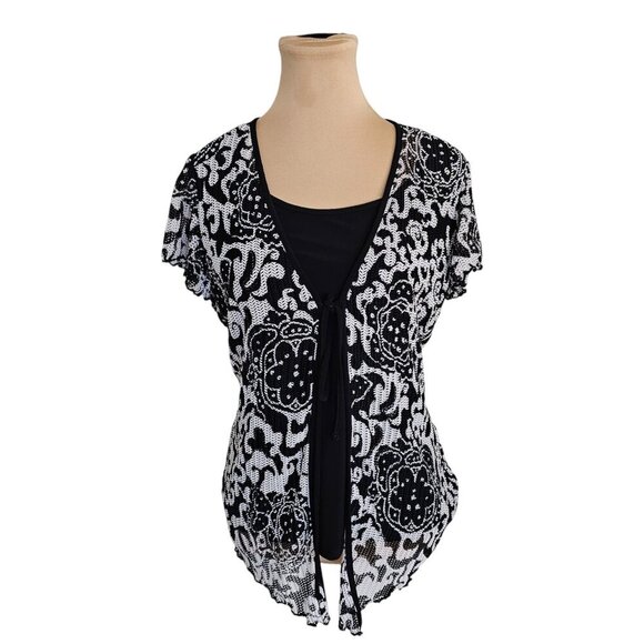 Joseph Ribkoff Black White Floral Eyelet Top Sz 12 - Picture 1 of 7